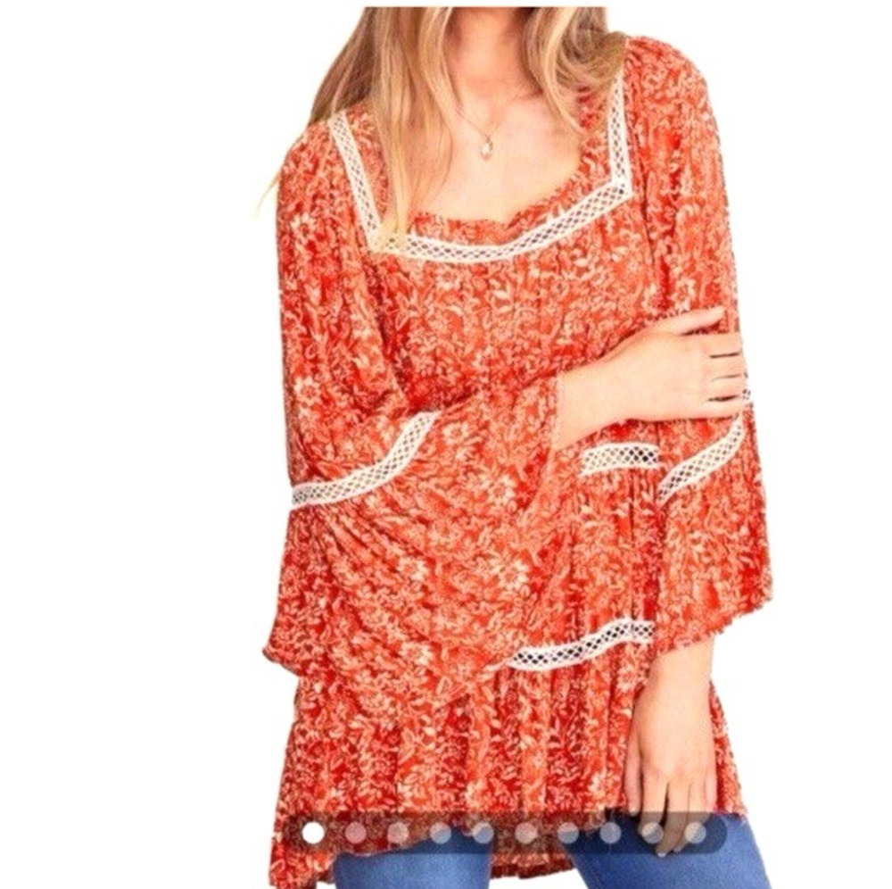 Free People Tunic Top Blouse Talk About It Orange Peasant Floral Crochet Size XS
